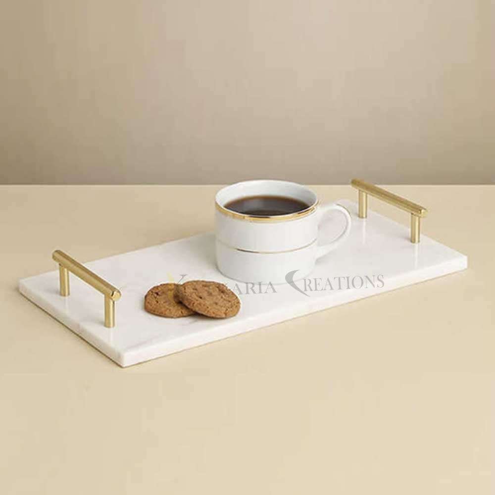 White Plain Marble Tray With Handle 