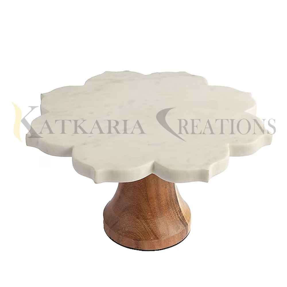 Floral Marble Cake Stand With Wooden Base