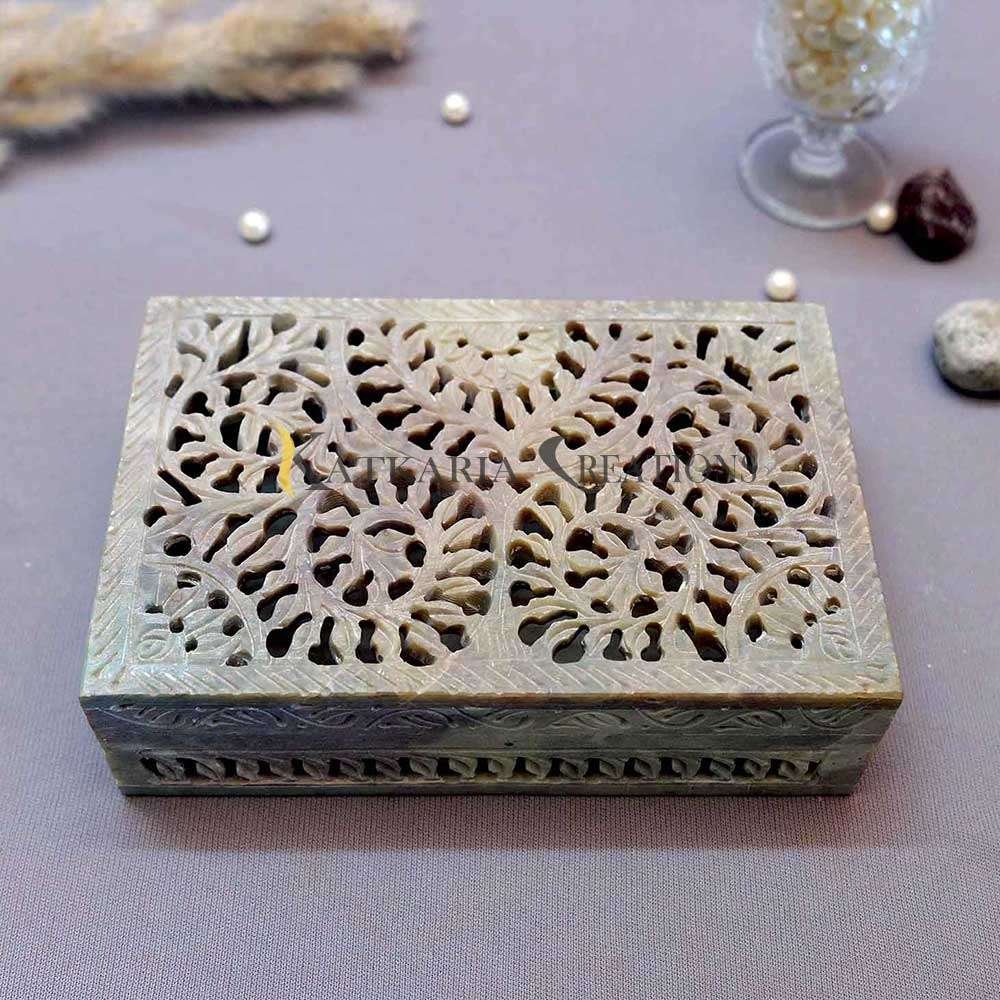 Soapstone Floral Carving Jewellery Box 