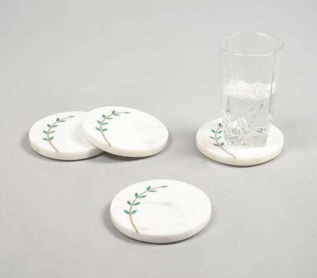 Hand cut white marble leaf branch coasters 