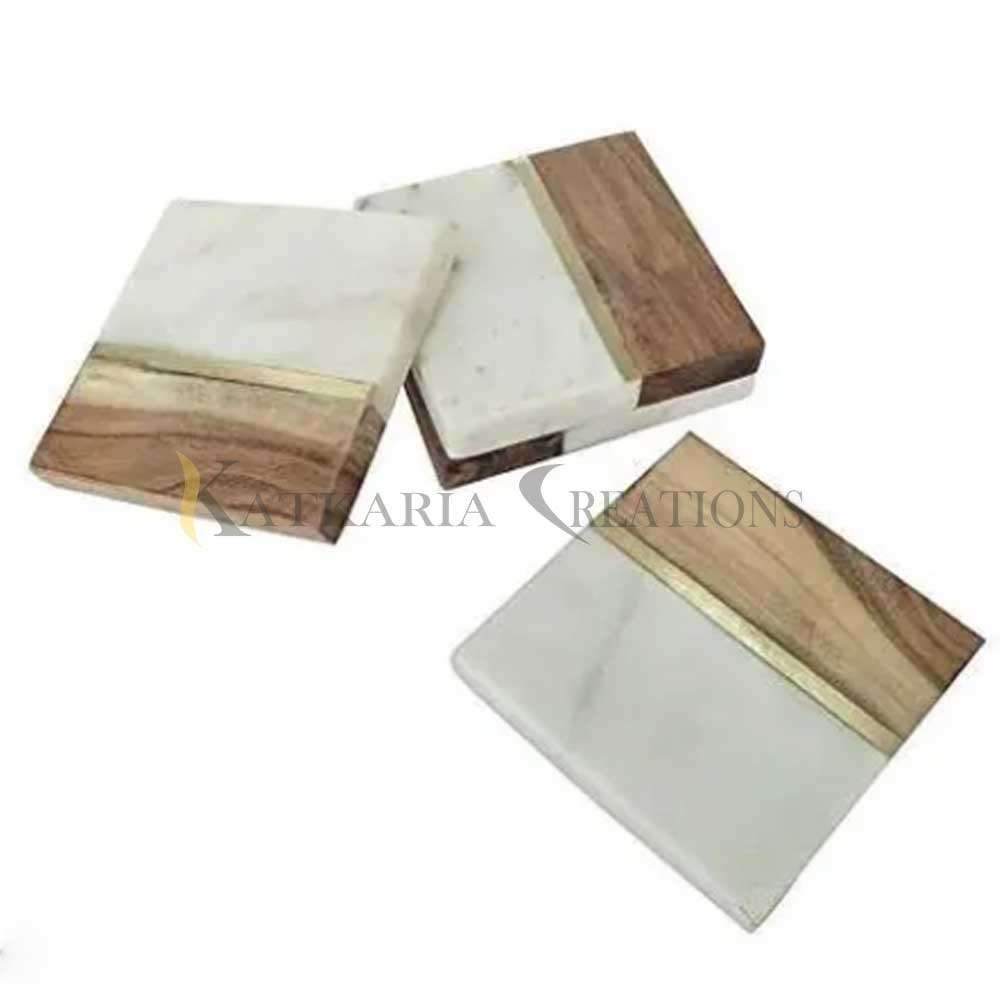 Marble & Wooden Coasters With Brass Inlay 