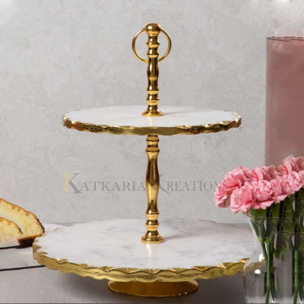 Round Golden Marble Two Tire Cake Stand