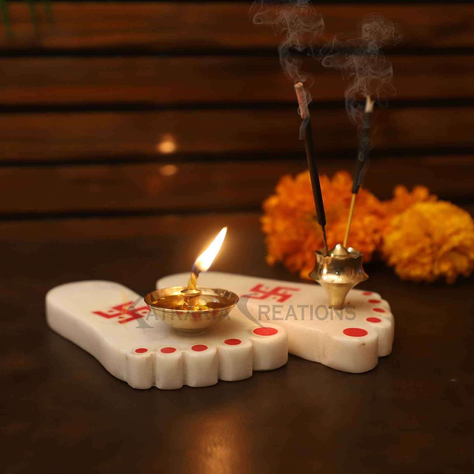 Marble Diya & Agarbatti Stand | Laxmi Charan Paduka Set for Pooja