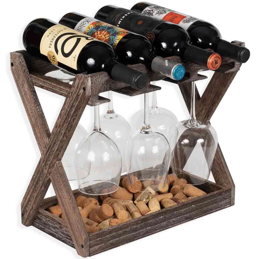  Wood Wine and Glass Rack Cork Storage Tray | Table Top Bottle Holder 