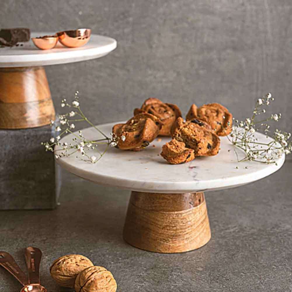 Marble Cake Stand With Wooden Base