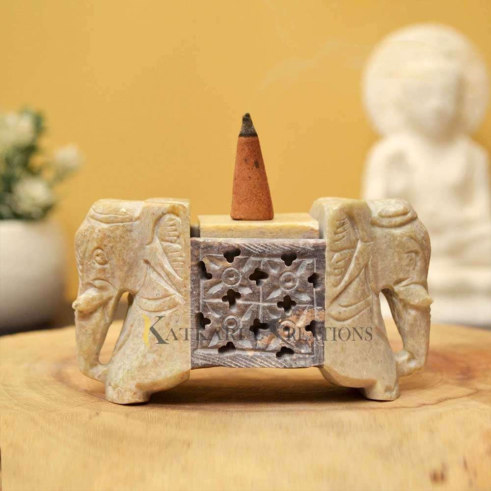 Soapstone 2 Face Elephant Incense Holder For Home & Office Decor