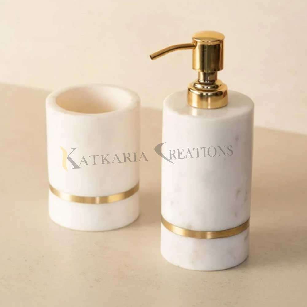 White Marble Bathroom Set With Inlay Brass 