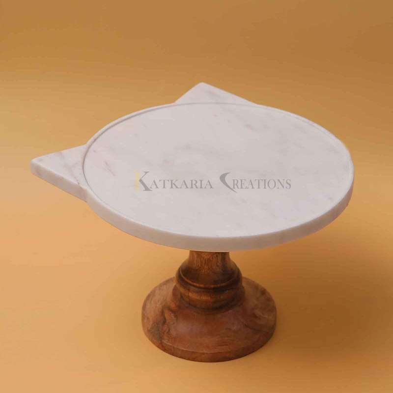 Marble Cat Cake Stand With Wooden Base 