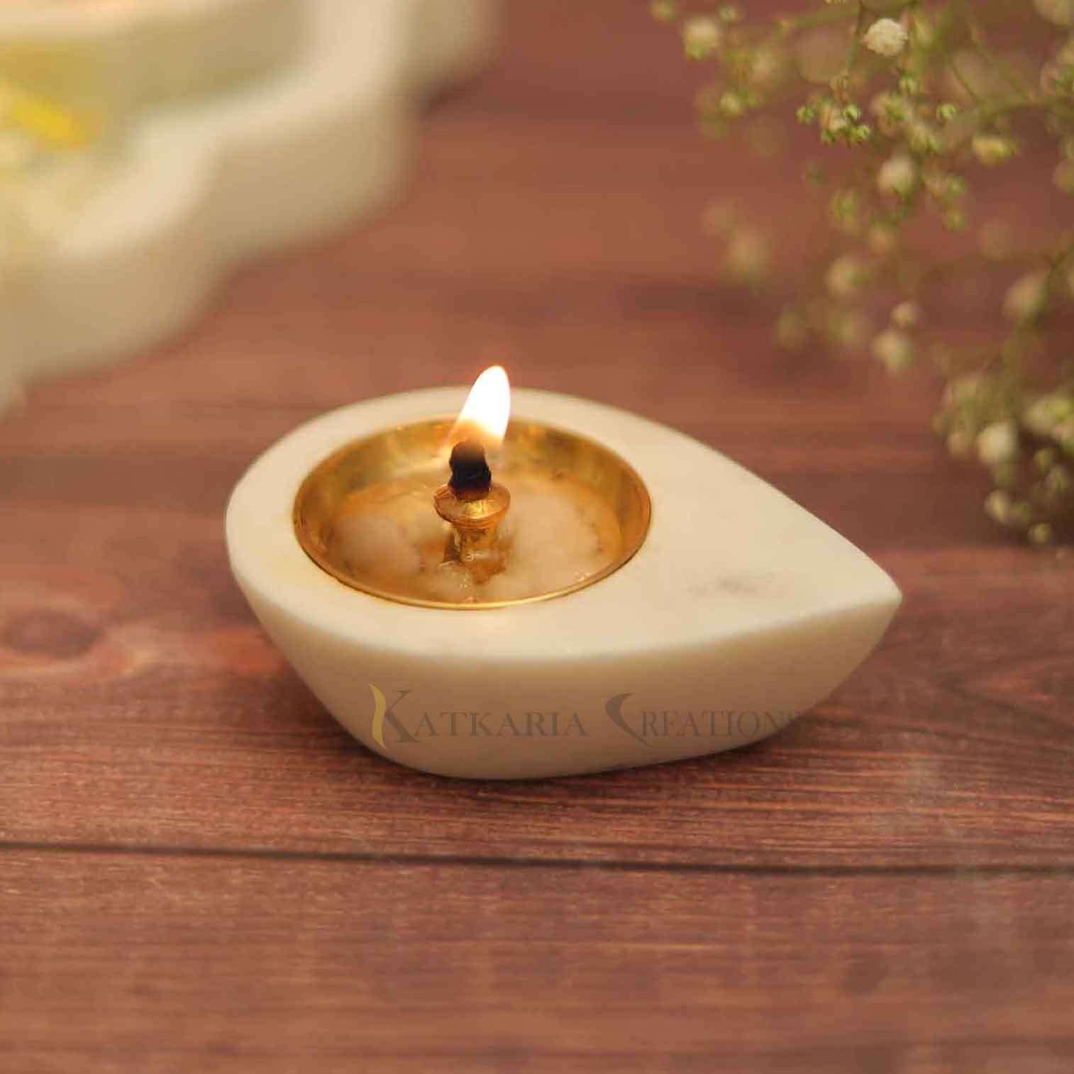White Marble Diya with Brass 