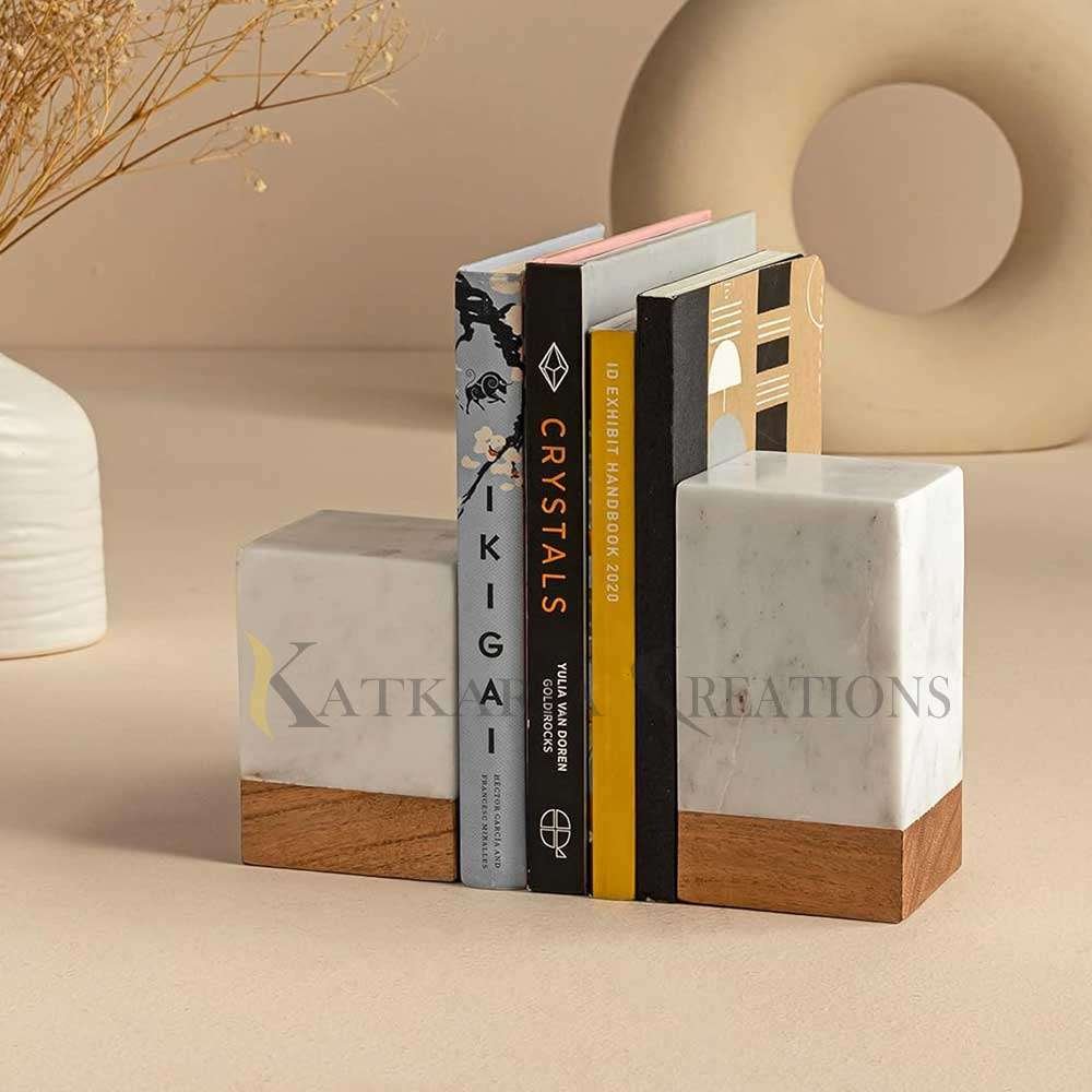 Marble & Wooden Bookends Set Of 2