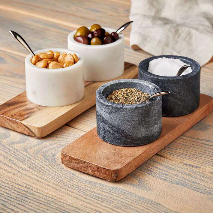 WOOD AND MARBLE CONDIMENT SET