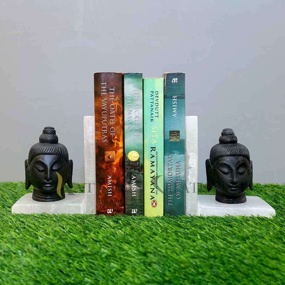 Marble Black Buddha Head Bookends Set of 2 