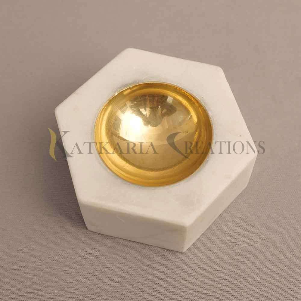 Hexagon Marble Tea Light Holder With Brass
