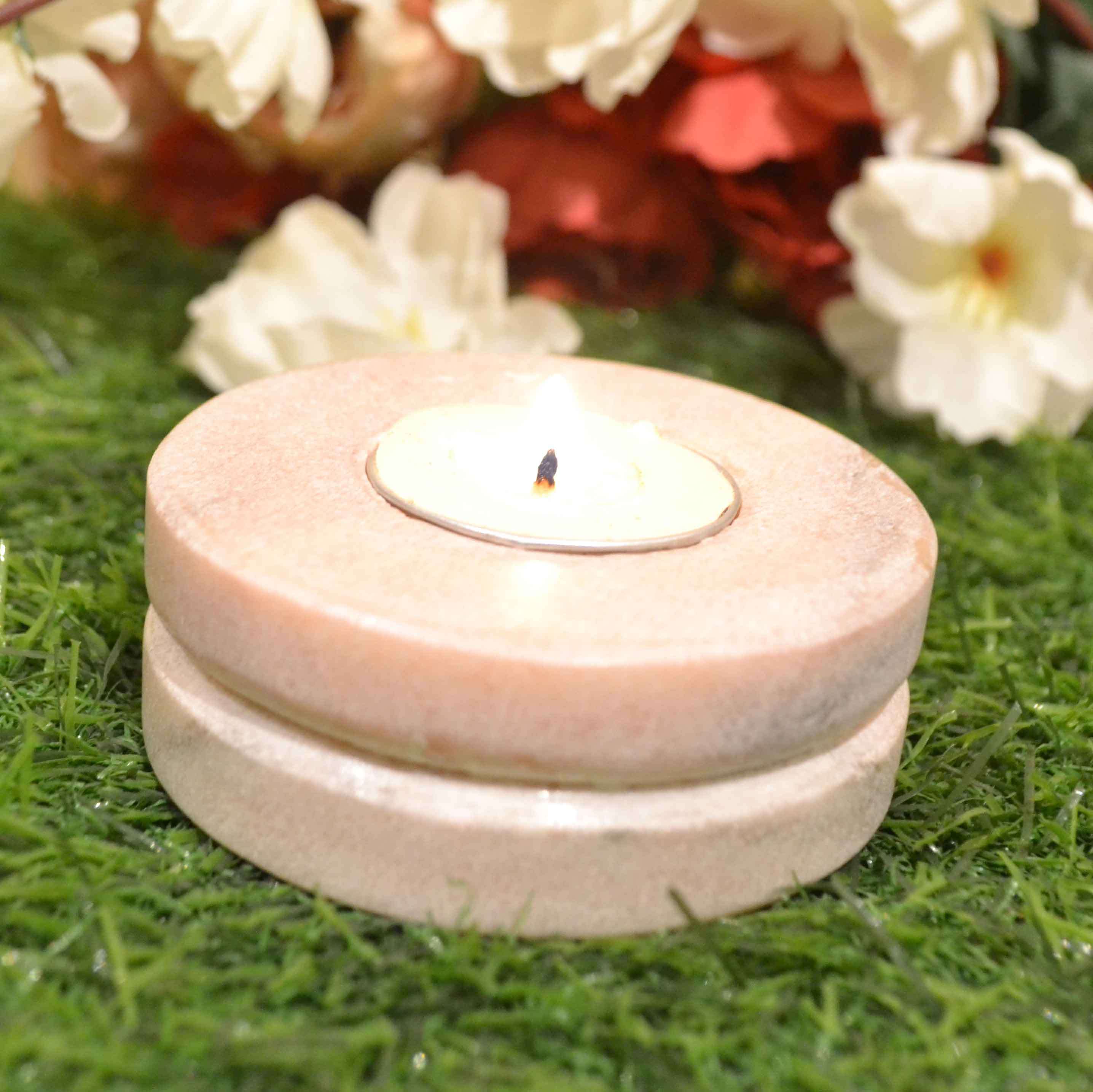 Pink Marble Udaipuri Tea Light Candle Holder Gifting & Décor || Handmade Gifts || Festive Decor (Circle)