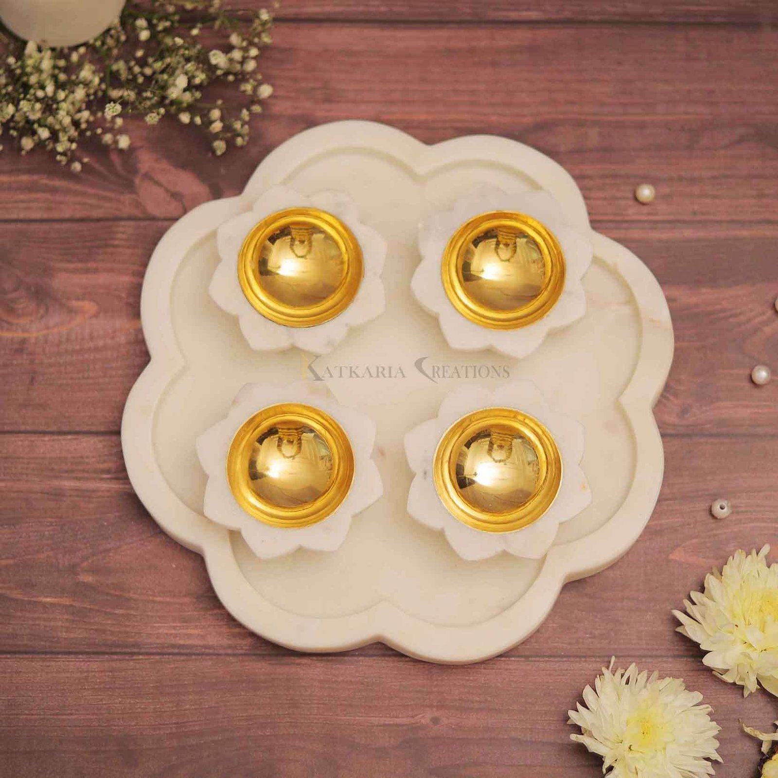 White Marble Diya Set of 4 with Marble Tray