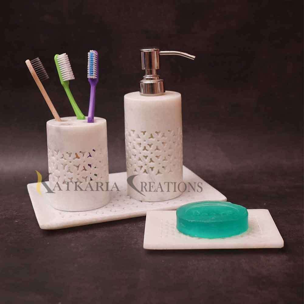 Marble Floral Jali Bathroom Set Of 4 |  Bathroom Accessories For Home & Office 