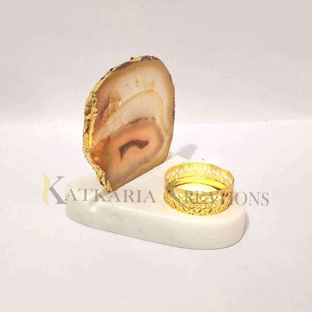Brown Agate Tea Light Candle Holder With Marble Base For Home Decor