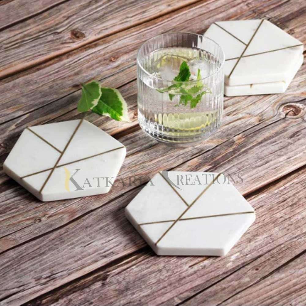 White Marble Coasters With Brass 
