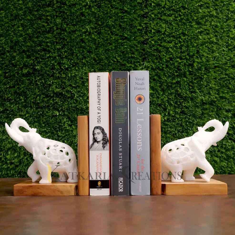 Wooden and Marble Elephant Bookends Set 
